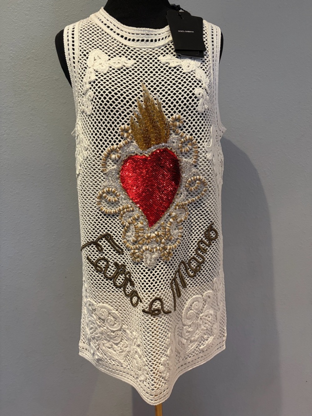 Dolce & Gabbana Crochet Mini Dress /Top Red Heart & Gold Embellishment 💥Runway💥 - Picture 3 of 17